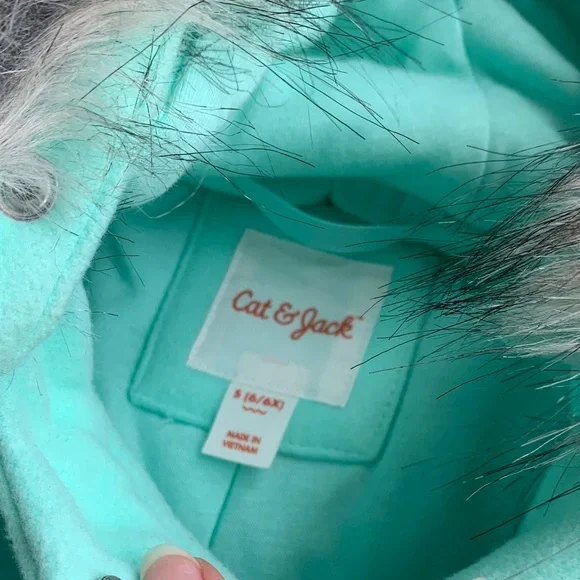 NWOT Cat & Jack Mint Green Pea Coat with Faux Fur Hood - Picture 2 of 4